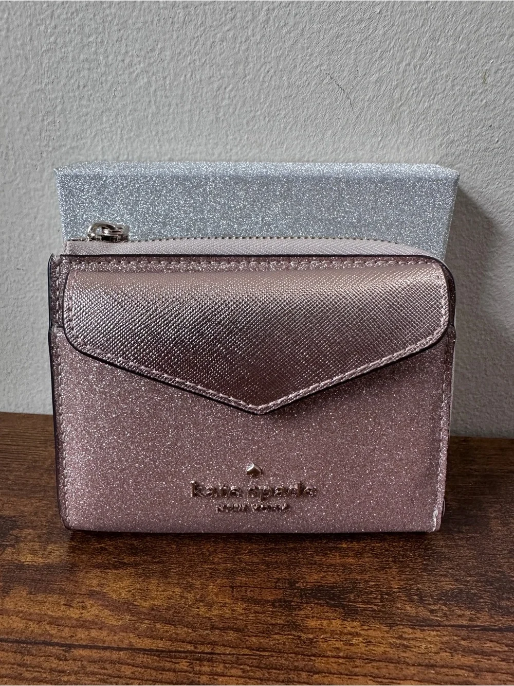 Kate Spade Tinsel Boxed Small Card Case Wallet Set Rose Gold‎ Glitter NIB K8715